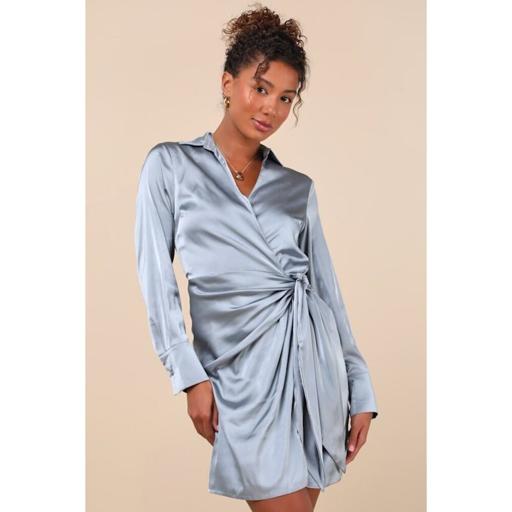 Lulus Painterly Perfection Slate Blue Satin Wrap Mini Dress - Size S